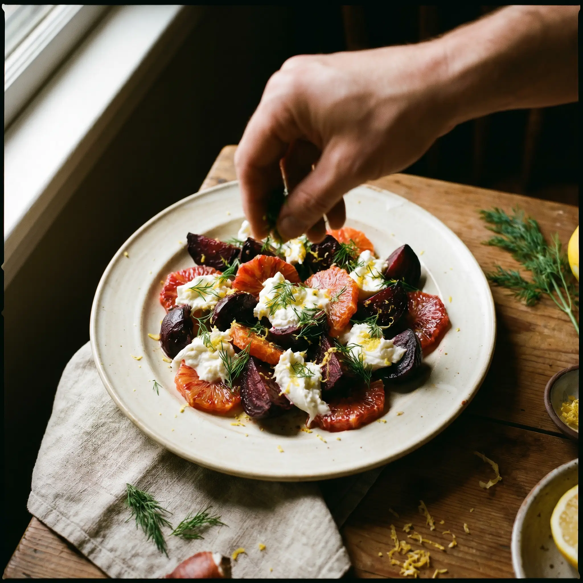 Chef finishing a beet and citrus salad