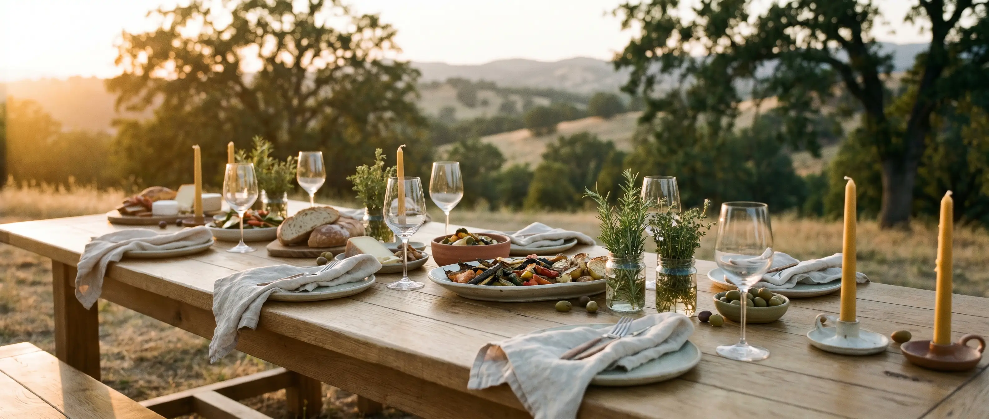 Long oak table set for an outdoor catering event at sunset