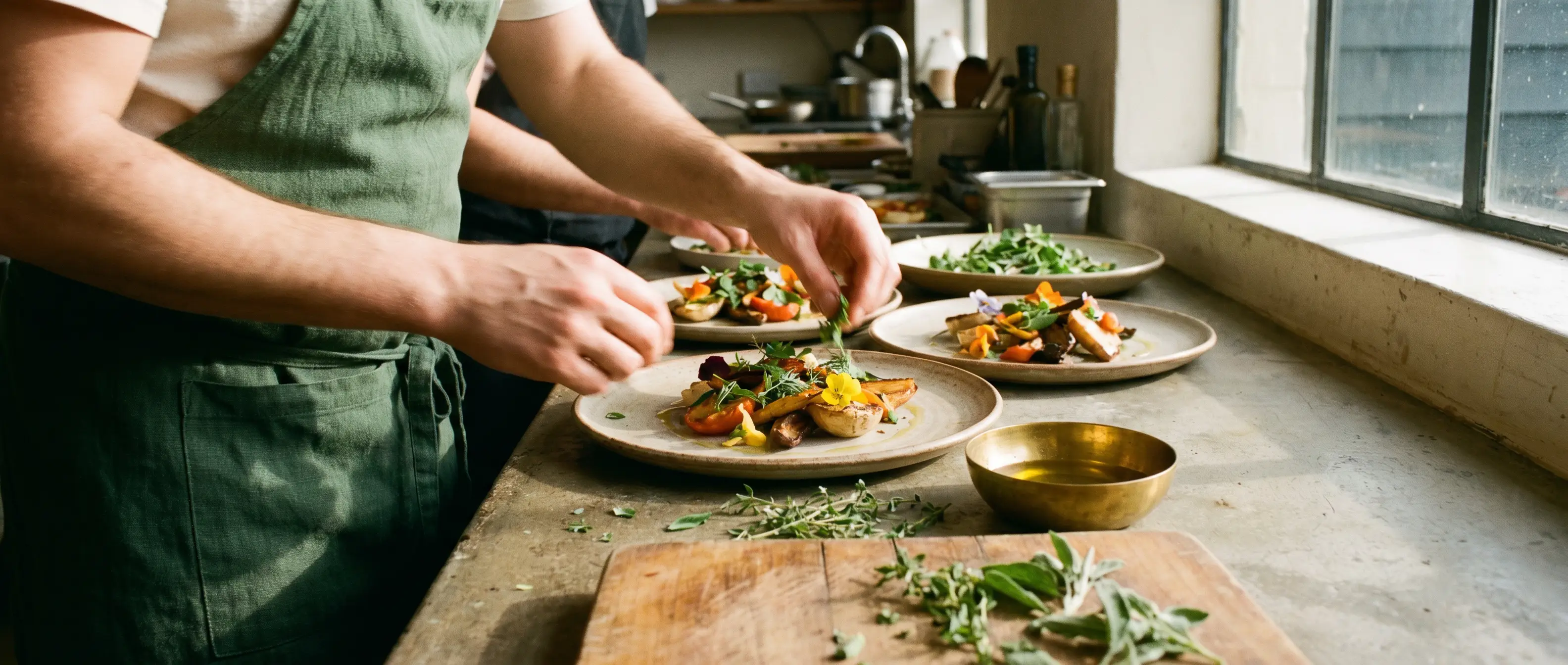 Two chefs plating seasonal dishes on stoneware